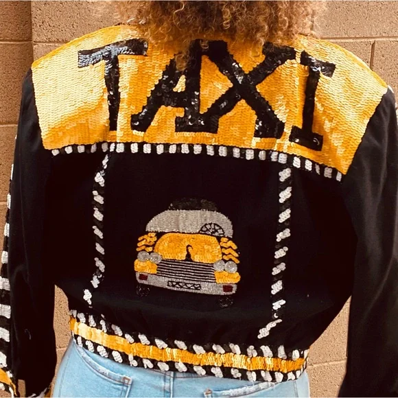 90s Vintage sequin TAXI Jacket Off Duty statement jacket🚕💛🧥🚧 - Picture 11 of 13